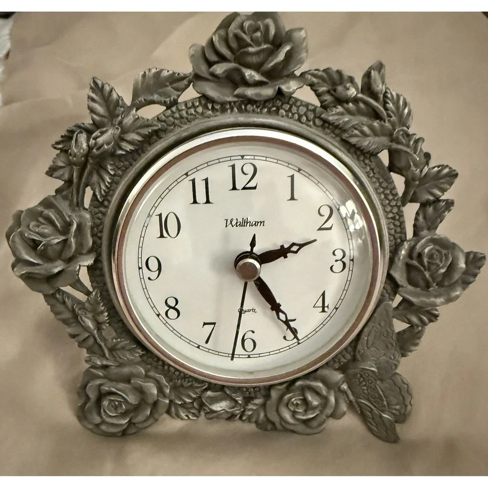 Waltham Desk Clock Floral Cottage Roses Butterflies